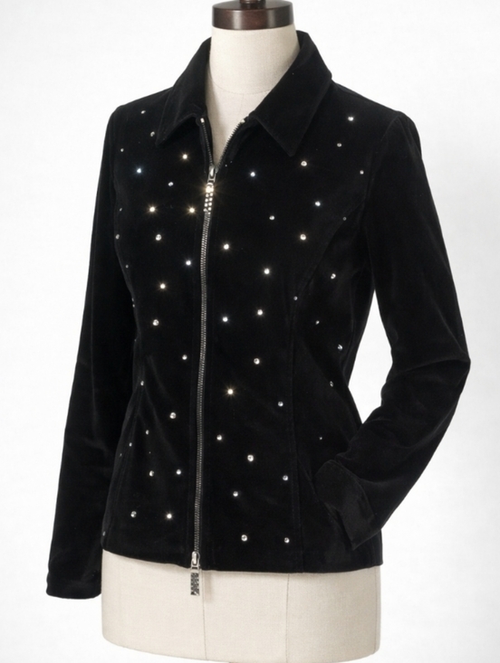 The Quaker Factory Jackets & Blazers - THE QUACKER FACTORY Black Velvet Rhinestone Jacket • Size Small